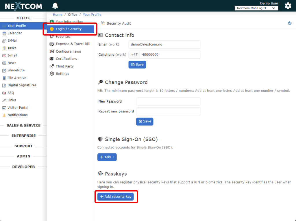 The Login and Security page in Nextcom with the Passkeys section.