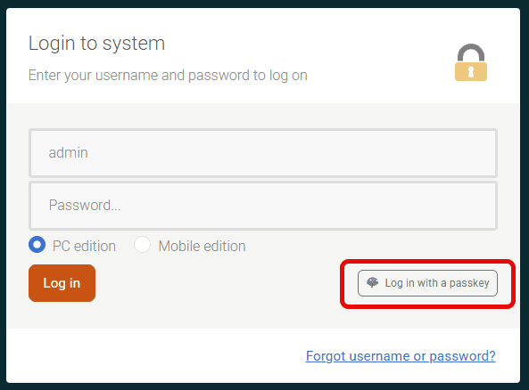 The Log in with a passkey option on the Nextcom login page.