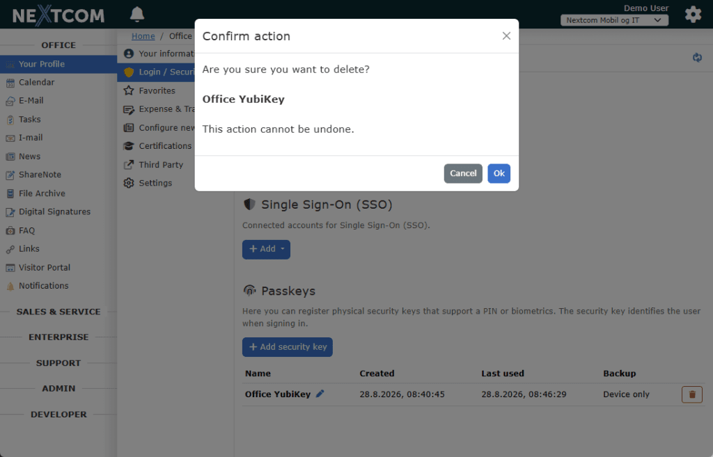 Confirmation before removing a passkey from Nextcom.