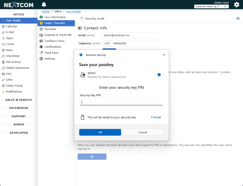 Selecting Security key when creating a passkey.