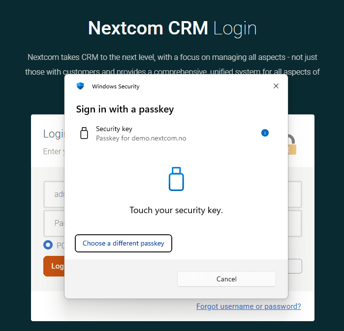 Signing in to Nextcom with a physical security key.